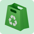 Eco-Friendly Packaging bag with recycling symbol on a green background.